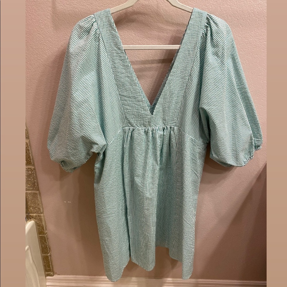 Urban Outfitters Seersucker Green V-Neck Dress